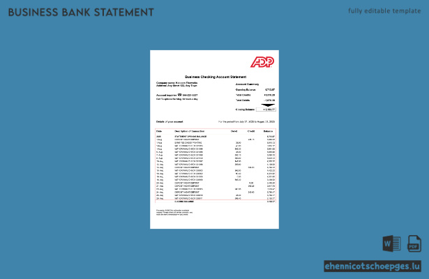 USA ADP Firmenkontoauszug Word- und PDF-Beispielvorschau